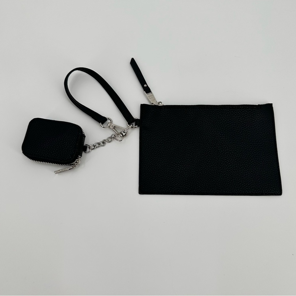 Steve Madden Black Pebbled Faux Leather 2 Piece Zip Pouches Silver Hardware